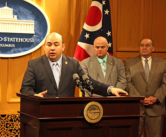 Ohio Representative Tony Burkley (right) took part in a press conference held this week concerning water quality legislation passed by the Ohio House of Representatives. (photo submitted)