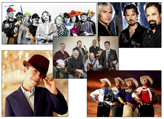 The 2015-16 Community Concert season at the NPAC includes (top row, from the left) Wellington Ukulele Orchestra, Texas Tenors; (center) DePue Brothers Band; (bottom) Ethan Bortnick and Riders in the Sky.