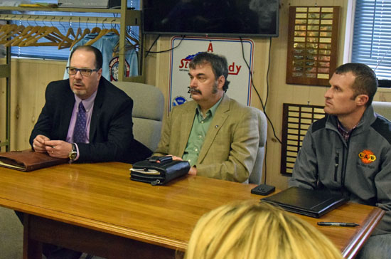 Leonard Wagner (left), vice president-transportation for Genesee & Wyoming's Ohio Valley Region Railroads, addresses concerns at a meeting held Tuesday at the Van Wert County Emergency Management Office. Looking on are Charles Hunter (center), assistant vice president for government affairs for G & W, and John Hillborn, vice president of engineering for Ohio Valley Region Railroads. (Dave Mosier/Van Wert independent)