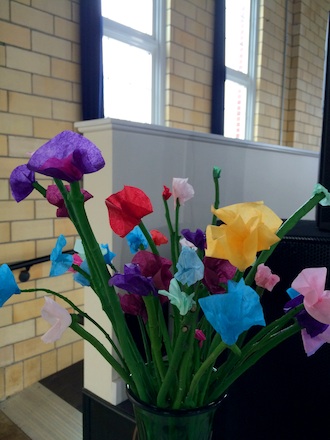 Rehearsals for the puppet show, Frederick by Leo Lionni, performed by our ArtReach program and directed by instructor Diane Bendele are underway at the Wassenberg Art Center. Flowers created by the students are part of the program. Pictured in the background, our new drapes, generously provided in part by Taylor Auto Sales. (Photo submitted.)
