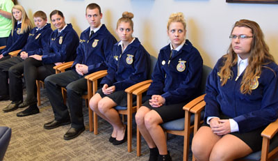 Crestview FFA competition winners include (from the left) Hanna Bowen, Ron Schumm, Emily Bauer, Jared Gibson, Leslie Skelton, Claire Zaleski and Kristen Cramer. John Bauer, who placed second, couldn't attend the meeting. (Dave Mosier/Van Wert independent)