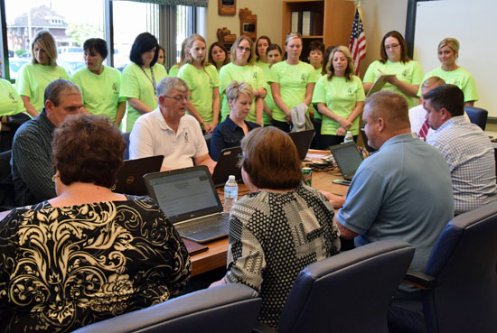 Members of the Crestview Educators Association (in green t-shirts) watch as the Crestview Local Board of Education meets on Thursday. (Dave Mosier/Van Wert independent)