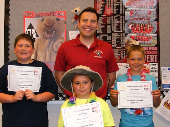 Congratulations to these Van Wert Elementary “Honorable” Students! Pictured with Mr. Krogman, Assistant Principal, are Kaine, 1st Grade; Carson, 4th Grade, and Cooper, 5th Grade.  Each child received a certificate from WERT Radio and a free Mighty Kids Meal from our local McDonalds. (Photo submitted.)