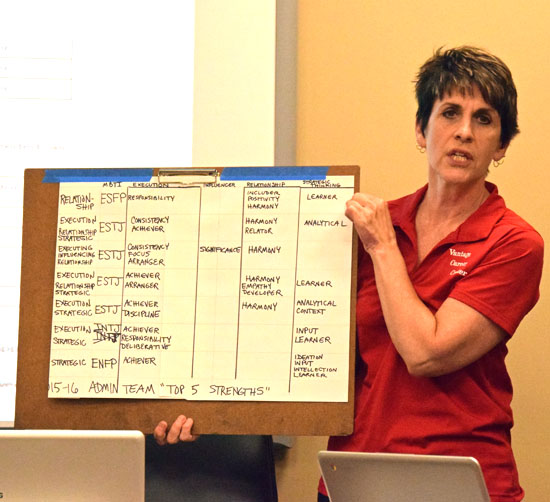Vantage Superintendent Staci Kaufman holds up a chart noting personality traits for Vantage administrative personnel during Thursday's board of education meeting. (Dave Mosier/Van Wert independent)