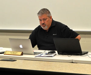 Lincolnview Local Board of Education President Eric Germann presides over Wednesday's board meeting. (Kelsey Clemons/Van Wert independent)