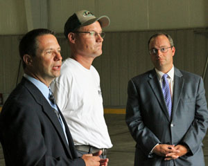 ODOT District 1 Deputy Director Kirk Slusher (left) and Bureau of Workers Compensation Director Steve Buehrer (right) take questions during a safety event held at the Lima ODOT garage. (ODOT photo)