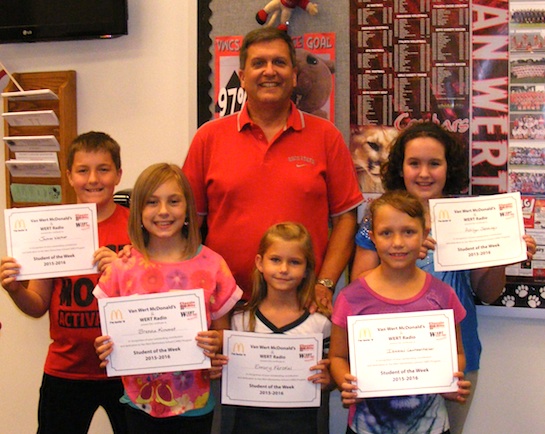 Congratulations to the Van Wert Elementary School Students chosen for the Word of the Week award! Pictured with Mr. Gehres, Principal, are students chosen by their teachers for being accepting of others: Emory, grade 1; Brenna, grade 2; Isabel, grade 3; James, grade 4; and, Ashlyn, grade 5. Each child received a free Mighty Kids Meal from our local McDonalds and a certificate from WERT Radio. (Photo submitted.)