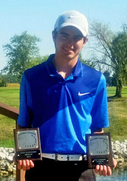 Lincolnview golfer Joshah Rager, a junior, holds the plaques he earned as tournament medalist the Northwest Conference "Player of the Year." (photo submitted)