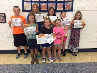 Lincolnview Elementary School announces the word of the week award winners.  Pictured are students who were chosen by their teachers for demonstrating Accountability.  Each child received a free kid’s meal donated by Schlotzky's Bakery Café and a certificate of achievement. (Photo submitted.) 