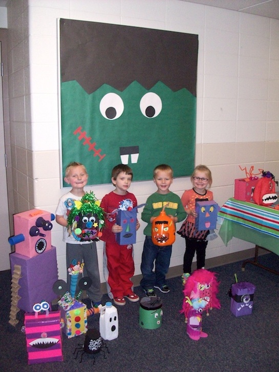 During the month of October, the students at Thomas Edison Preschool participated in a parent/child activity to celebrate Halloween and the school’s Fall Scholastic Book Fair.  The theme for this year was "Gobbling Up Good Books!"  Each student and their parents were invited to create a monster out of recycled items such as milk jugs, cereal boxes, tissue boxes, paper towel tubes, or other materials.  Many students participated and the monsters were displayed in the hallway for the month.  The teachers and staff members also participated and created monsters! (Photo submitted.)