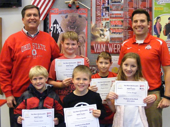Congratulations to the Van Wert Elementary School Students chosen for the Word of the Week award!  Pictured with Mr. Gehres, Principal, and Mr. Krogman, Assistant Principal, are students chosen by their teachers for giving everyone a fair chance.  Award winners this week are Keaten, grade 1; Trevor, grade 2; Carlee, grade 3; Kaydin, grade 4; and Karter, grade 5.  Each child received a free Mighty Kids Meal from our local McDonalds, a Bounce Certificate from The Kangaroo Cave in Delphos, and a certificate from WERT Radio. (Photo submitted.)