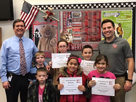 “Cooperation” is the VWES Word of the Week   Congratulations to the Van Wert Elementary School Students chosen for the Word of the Week award!  Pictured with Mr. Gehres, Principal, and Mr. Krogman, Assistant Principal, are students chosen by their teachers for being cooperative and working well with others.  Award winners this week are Amaya, grade 1; Harley, grade 2; Robbie, grade 3; Delilah, grade 4; and Lizzy, grade 5.  Also in this photo are Kenton and Kylerr who were absent from last week’s photo.  Each child received a free Mighty Kids Meal from our local McDonalds, a Bounce Certificate from The Kangaroo Cave of Delphos and a certificate from WERT Radio. (Photo submitted.)   