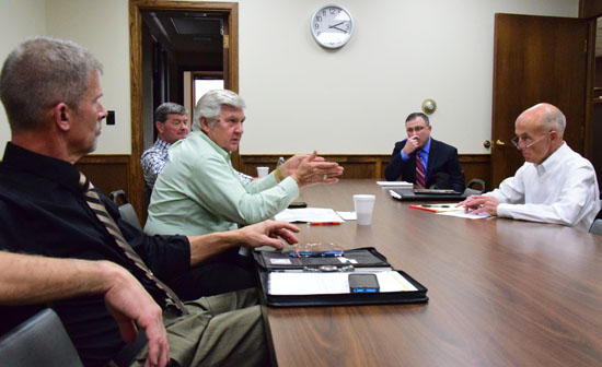 Van Wert mayor-elect Jerry Mazur makes a point, while (from the left) County Commissioners Thad Lichtensteiger and Stan Owens, City Law Director John Hatcher and County Prosecutor Charles F. Kennedy III listen. (Dave Mosier/Van Wert independent)