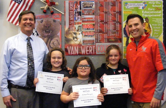 Congratulations to the Van Wert Elementary School Students chosen for the Word of the Week award!  Pictured with Mr. Gehres, Principal, and Mr. Krogman, Assistant Principal, are students chosen by their teachers for being forgiving and not holding grudges.  Award winners this week are Arkana, grade 1; Kylerr, grade 2; Mercades, grade 3; Hope, grade 4; and Kenton, grade 5.  Each child received a free Mighty Kids Meal from our local McDonalds, a Bounce Certificate from The Kangaroo Cave in Delphos, and a certificate from WERT Radio. (Photo submitted.)