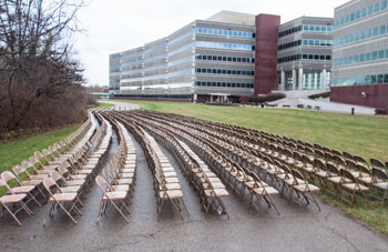 The Ohio Department of Transportation placed 1,070 chairs behind its headquarters in Columbus to represent those killed in traffic accidents this year. (ODOT photo)
