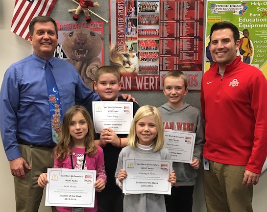 Congratulations to the Van Wert Elementary School Students chosen for the Word of the Week award. Pictured with Mr. Gehres, Principal, and Mr. Krogman, Assistant Principal, are students chosen by their teachers for being patient and willing to wait for others.  Award winners this week are Leah, grade 1; Jackson, grade 2; Kierstynn, grade 3; Devin, grade 4; and Evan, grade 5. Each child received a free Mighty Kids Meal from our local McDonalds, a Bounce Certificate from The Kangaroo Cave, Delphos, and a certificate from WERT Radio. (Photo submitted.)