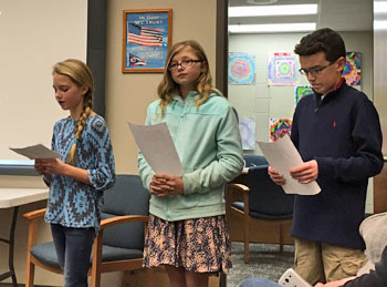 Crestview sixth-graders talk about their trip to Horizon Christian Academy in Fort Wayne, Indiana, during Monday’s meeting of the Crestview Local Board of Education. (Kelsey Clemons/Van Wert independent)