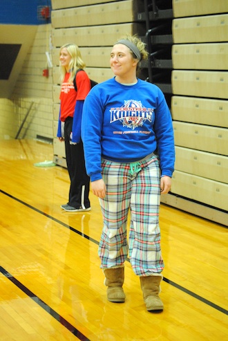 Jada Preston walks in the gym during lunch while wearing her pajama pants for Monday’s spirit day. (Photo submitted.)