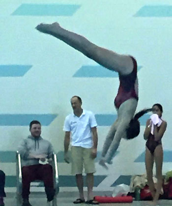 Shown is Van Wert’s Maddison Jarrett as she completes one of her 11 required dives during the West-Central Ohio Diving Invitationals in Lima. (photo submitted)