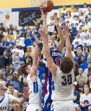 Crestview's Connor Lautzenheiser (11) scores during Friday's game with Lincolnview. (Bob Barnes/Van Wert independent)