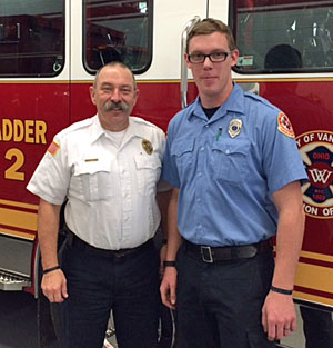 Van Wert Firefighter Zach Merkle (right) with Fire Chief Jim Steele. (photo submitted)