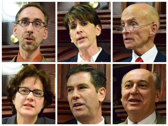 Candidates in contested races speaking Tuesday at a Candidates' Night hosted by the Heartland Patriots include (top row, from the left) county commissioner candidates Todd Wolfrum and Staci Kaufman, and prosecuting attorney candidate Charles Kennedy; (bottom row) prosecuting attorney candidate Eva Yarger, and state representative candidates Craig Riedel and Tony Burkley. (photos by Dave Mosier/Van Wert independent)
