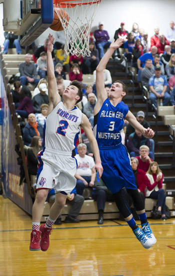 Crestview's Drew Kline (2) gets a layup against Allen East in Friday's Northwest Conference match-up won by the Knights, 84-51. (Bob Barnes/Van Wert independent)