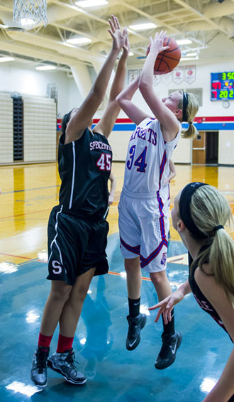 Crestview's Paige Motycka (34) goes up for a shot during Thursday night's win over Spencerville. (Bob Barnes/Van Wert independent)