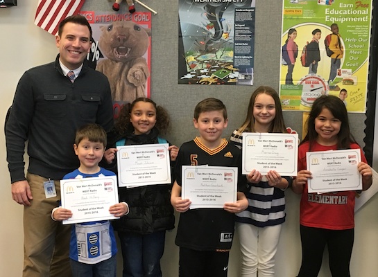 Congratulations to the Van Wert Elementary School Students chosen for the Word of the Week award!  Pictured with Mr. Krogman, Assistant Principal, are students chosen by their teachers for showing appreciation.  Award winners this week are Noah, grade 1; Meah, grade 2; Nate, grade 3; Annabella, grade 4; and Marisa, grade 5. Each child received a free Mighty Kids Meal from our local McDonalds, a Bounce Certificate from The Kangaroo Cave, Delphos,  and a certificate from WERT Radio. (Photo submitted.)