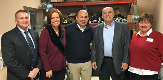 Ohio House  Speaker Cliff Rosenberger (center) visits with (from the left) Van Wert City Superintendent of Schools Ken Amstutz, Van Wert Area Chamber of Commerce President/CEO Susan Munroe, Ohio Representative Tony Burkley, and Paulding Chamber Executive Director Peggy Emerson. (photo submitted)