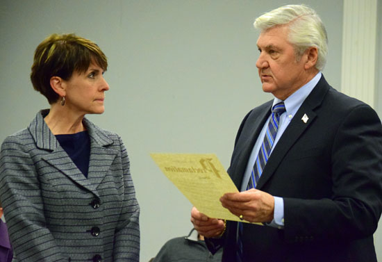 Van Wert Mayor Jerry Mazur reads a proclamation honoring Vantage Career Center's 40th anniversary while Vantage Superintendent Staci Kaufman looks on. (Dave Mosier/Van Wert independent)