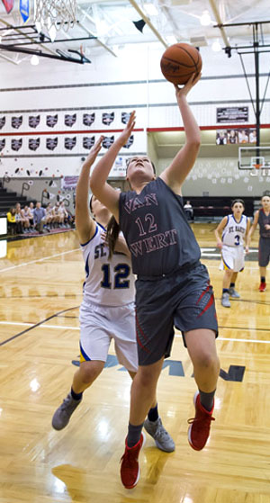 Van Wert's Abby Jackson (12) puts in a layup in Tuesday's Division II sectional tournament at Spencerville. The Roughriders won the game, 48-27. (Bob Barnes/Van Wert independent)