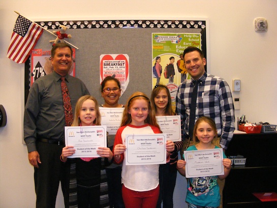 Congratulations to the Van Wert Elementary Students of the Week! The children chosen represent the Word of the Week, UNDERSTANDING.  Pictured with Mr. Gehres, Principal, and Mr. Krogman, Assistant Principal, are: Grade 5, Isabella; Grade 4, Payton; Grade 3, Ava; Grade 2, Chelsea; and Grade 1, Maddison.  Each student received a free Mighty Kids Meal for our local McDonalds, a gift certificate from Kangaroo Cave, and a certificate from WERT Radio. (Photo submitted.)