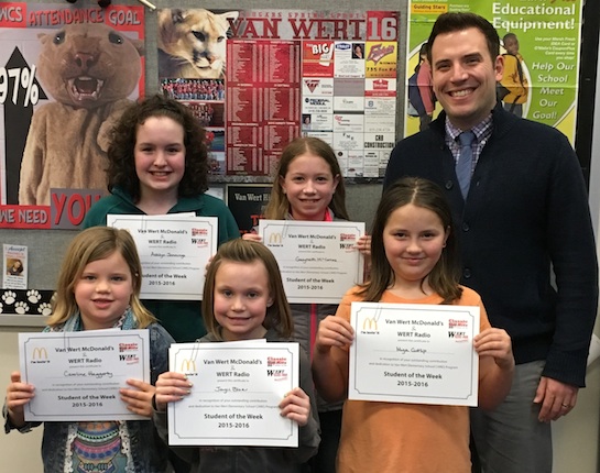 Congratulations to the Van Wert Elementary School Students chosen for the Word of the Week award!  Pictured with Mr. Krogman, Assistant Principal, are students chosen by their teachers for being dedicated and committed to doing excellent work.  Award winners this week are Caroline, grade 1; Jayci, grade 2; Mya, grade 3; Gwyneth, grade 4; and Ashlyn, grade 5. Each child received a free Mighty Kids Meal from our local McDonalds, a Bounce Certificate from The Kangaroo Cave, Delphos, OH, and a certificate from WERT Radio. (Photo submitted.) 