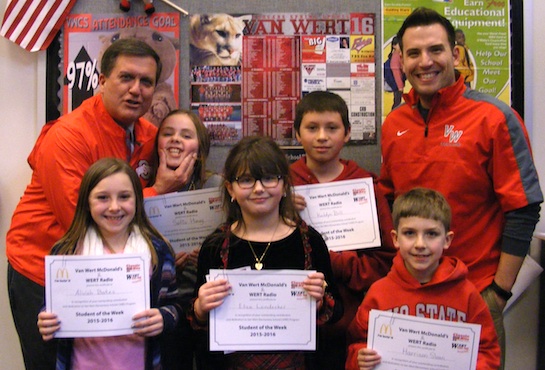 Congratulations to the Van Wert Elementary Students of the Week!  These children represent the Word of the Week, Excellence! Always give your best.  Pictured with Kevin Gehres, Principal, and Justin Krogman, Assistant Principal, are: Sophia, Grade 5; Keldyn, Grade 4; Aliviah, Grade 3; Eliza, Grade 2; and Harrison, Grade 1.  Each winner received a free Mighty Kids Meal from our local McDonald’s, a gift certificate to Kangaroo Cave, and a certificate from WERT Radio. (Photo submitted.)