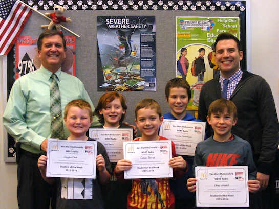 Congratulations to the Van Wert Elementary School Students chosen for the Word of the Week award!  Pictured with Mr. Gehres, Principal, and Mr. Krogman, Assistant Principal, are students chosen by their teachers for acting without being told.  Award winners this week are Cohen, grade 1; Clayton, grade 2; Andrew, grade 3; Austin, grade 4; and Will, grade 5. Each child received a free Mighty Kids Meal from our local McDonalds, a Bounce Certificate from The Kangaroo Cave, Delphos, and a certificate from WERT Radio. (Photo submitted.)