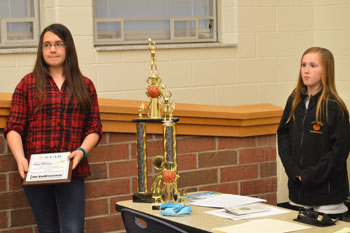 Lincolnview students Una VanWynsberghe (left) and Paige Williamson were honored during Wednesday's Lincolnview Local Board of Education meeting. (Kelsey Clemons/Van Wert independent)