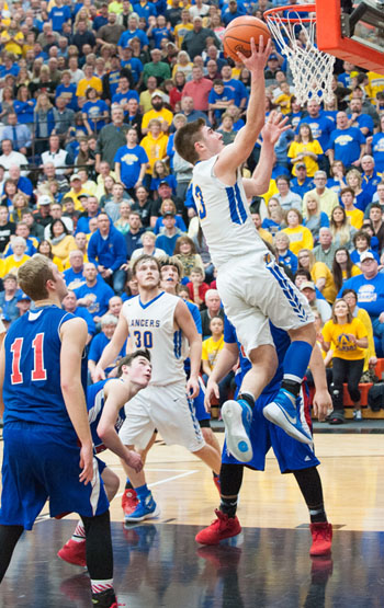 Lincolnview's Austin Leeth (3) puts in the game-winning layup with 22 seconds left during Friday's Division IV district title match-up with Crestview. (Bob Barnes/Van Wert independent)