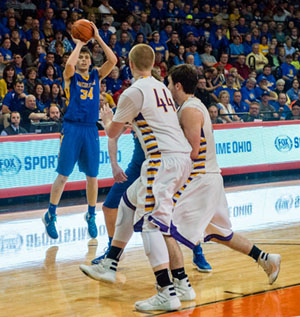 Lancer Hayden Ludwig (34) shoots one from outside during Lincolnview's 36-29 win over Fayette on Tuesday. (Bob Barnes/Van Wert independent)