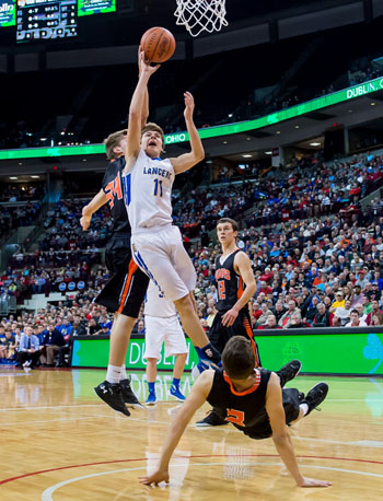Lincolnview's Trevor Neate (11) puts in a layup against Jackson Center in the Lancers' 52-39 win that puts them in today's Division state championship game (click here for more photos). (Bob Barnes/Van Wert independent)
