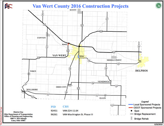 The map shows two projects scheduled for this summer in Van Wert County. The two projects will cost more than $4 million. (ODOT graphic)