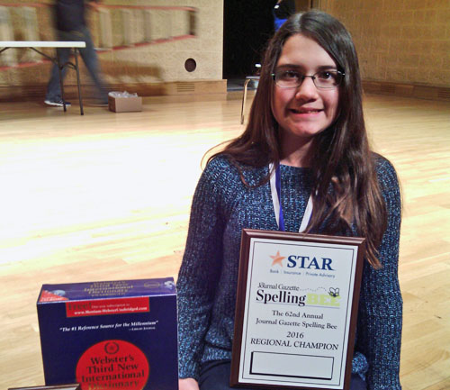 Una VanWynsberghe after her victory in the Journal-Gazette Regional Spelling Bee in Fort Wayne, Indiana. (photo submitted)
