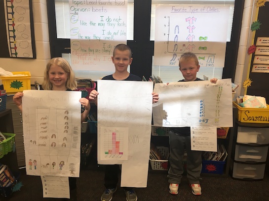 Second Grade students at Van Wert Elementary have been working hard on graphing and analyzing data. Here, three students from Mrs. Shindeldecker's class show their completed data results. (Photo submitted.)