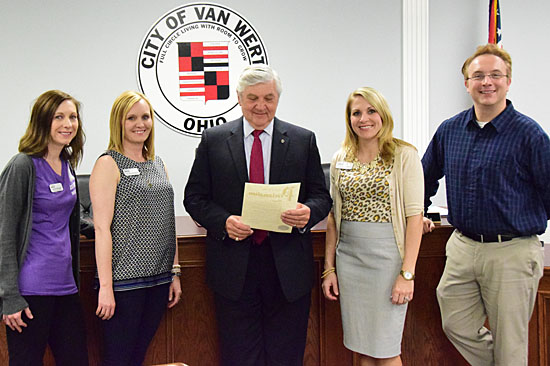 Van Wert Mayor Jerry Mazur reads a proclamation recognizing the YWCA of Van Wert County's "Stand Against Racism." Events begin Thursday and run through Sunday. Shown with the mayor are YWCA staff members Jamie Evans, Jody Wannemacher, Kimberly Laudick, and Gabe McConn. (Dave Mosier/Van Wert independent)