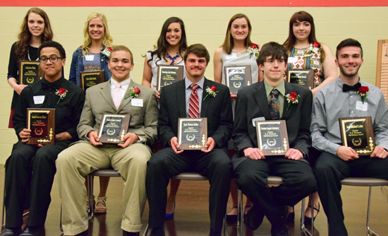 R.K. Thompson Self-Reliance Award finalists include (seated, from the left) Isaiah Oliver, Kaleb Cantrell, Ryan Stoller, Christian Lintermoot, and Josh Leiter; (standing) Caitlin Wilder, Claire Zaleski, Domonique Grothause, Anna Gorman, and Samantha Brooks. (Dave Mosier/Van Wert independent)