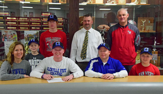 Ryan McCracken (seated, second from left) signs his letter of intent to play baseball for the Glenville State College Pioneers. Looking on are (seated) Ryan's parents, Melody and Eric McCracken and (standing) Ryan's brothers, Griffin and Jalen, and coaches Charlie Witten and Jeremy Kitson. (Dave Mosier/Van Wert independent)