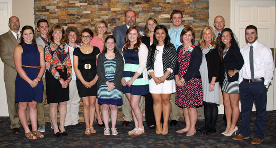 Seniors pose with their favorite teachers at the 2016 Van Wert City Schools Teacher Endowment Banquet. They include (front row, from the left) Katie Trittschuh, Betty Holliday, Kiara Lamb, Hayley Klausing, Sandy Nguyen, Julia Reichert, Kathleen Overmyer, Dominique Grothause, Jacob Covey; (back row) Bob Priest, Cade Fleming, Laura Etter, Kelly VanHorn, Mike Ragan, Tricia Hughes, Drew Myers, and Chris Covey (Anita Zuber and Chris Kraner were not present for the photo).