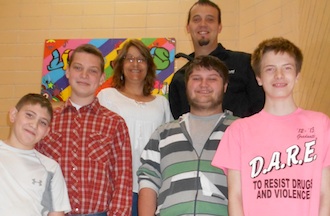 Middle School Council Members -- Left Side: Christopher Burk, Hayden Marsee. Right Side: Jonathan Barton-Mudd, Thomas Murphy. Advisors:  Mr. Bowen and Ms. Myers. (Photo submitted.)