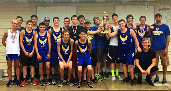 The Lancer boys' cross country team with their championship trophy at the Wayne Trace Invitational. (photo submitted)