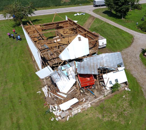 Shown is a drone photo showing barn damage at the residence of Audrey McClure on U.S. 224 caused by one of four tornadoes to hit the county last Wednesday. Rick McCoy/for the Van Wert independent)